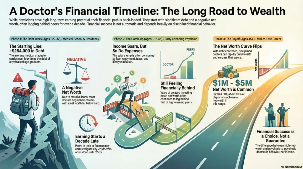 Doctor net worth by age compared to income growth over medical career