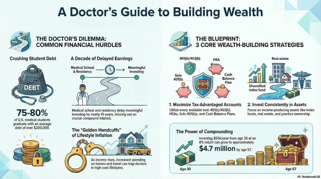 a doctor’s guide to building wealth, showing common financial hurdles like student loan debt, delayed earnings from medical school and residency, lifestyle inflation, and the golden handcuffs effect, alongside core wealth-building strategies such as maximizing 401(k) and 403(b) accounts, HSAs, consistent investing, real estate, and the long-term power of compound interest.