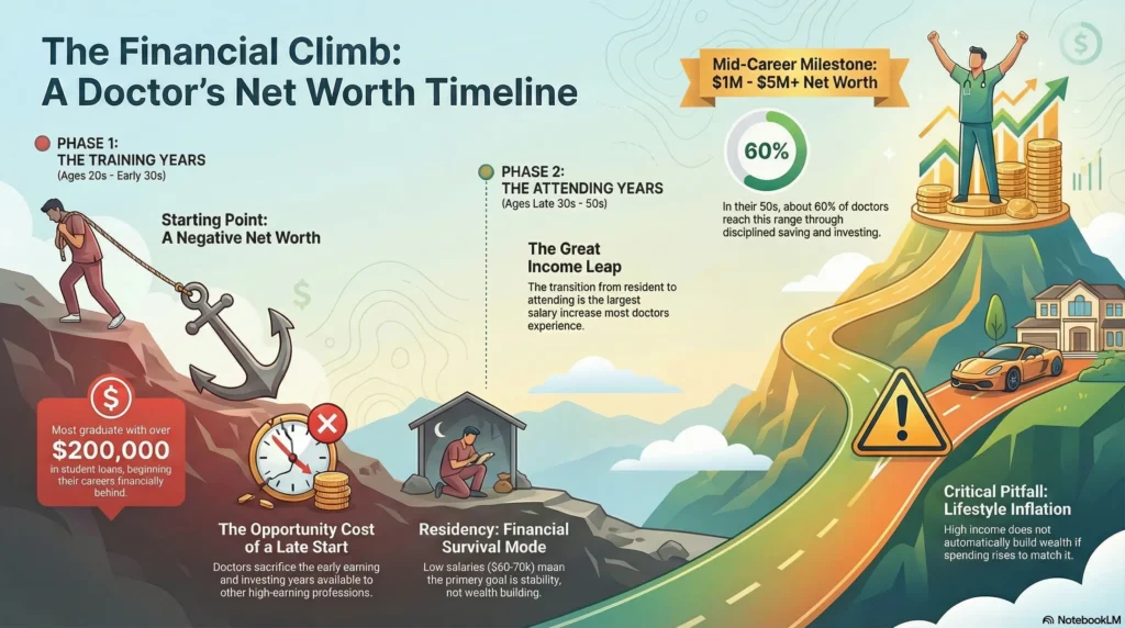 Net worth by age timeline for doctors showing negative net worth during medical school and residency, slow growth in early attending years, and acceleration in mid-career.