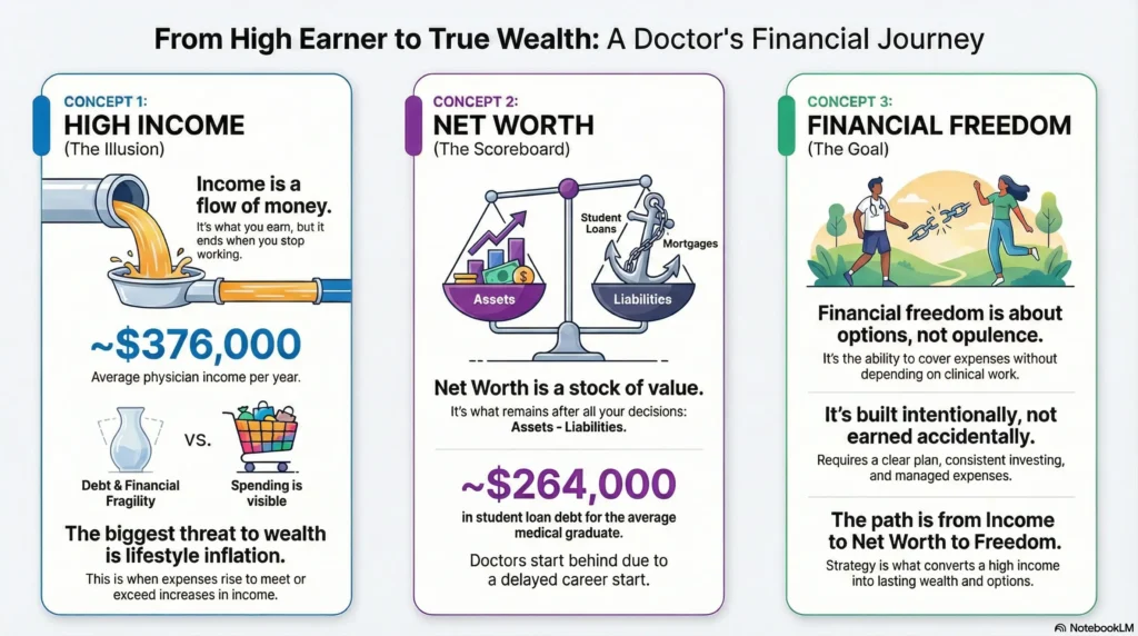Comparison of income, net worth, and financial freedom for U.S. physicians showing why salary alone does not create wealth