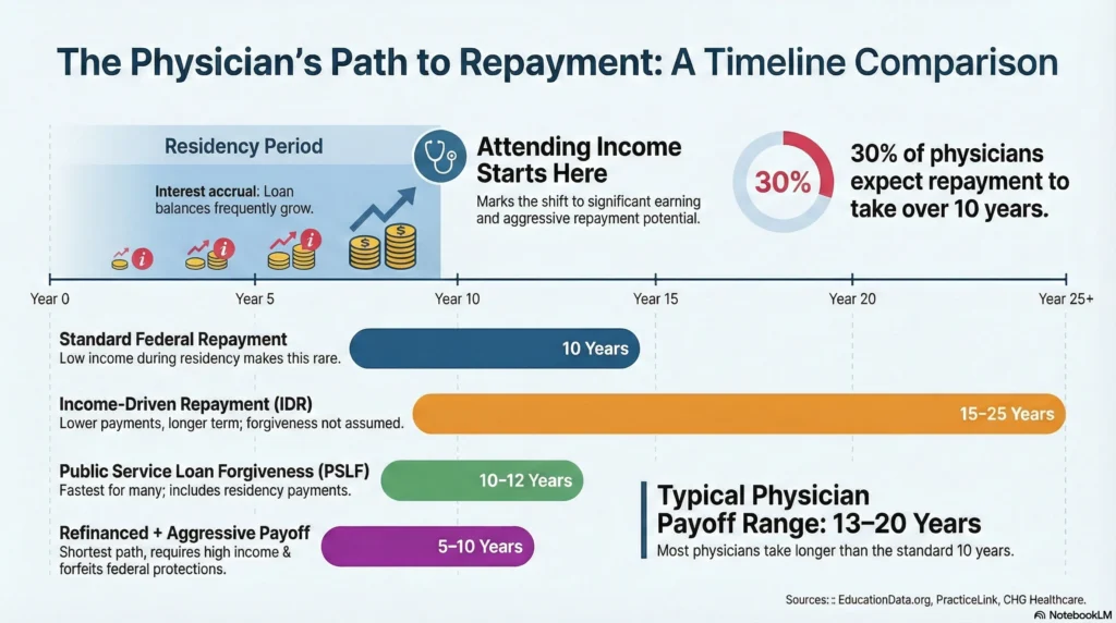Average time to pay off medical school debt showing standard repayment, PSLF, income-driven repayment, and refinancing timelines for physicians
