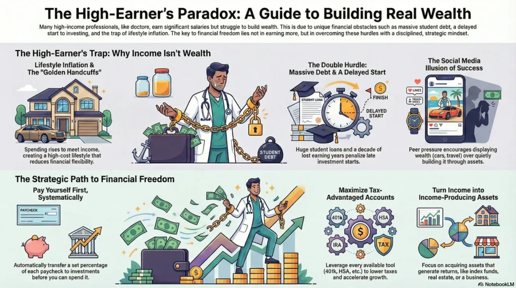 Infographic illustrating the high-earner’s paradox for doctors, explaining why high income does not equal wealth due to lifestyle inflation, student debt, delayed investing, and social media pressure, and outlining a strategic path to financial freedom through paying yourself first, tax-advantaged retirement accounts, and investing in income-producing assets like index funds and real estate.