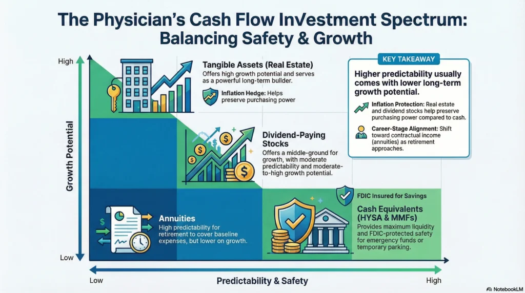 Chart for doctors comparing investment safety and growth potential for cash flow options like high-yield savings, annuities, and real estate.