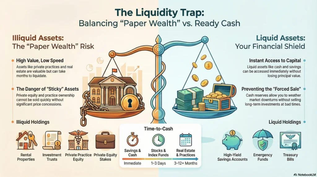 Comparison of liquid vs. illiquid assets like real estate and practice ownership to help doctors manage liquidity risk.
