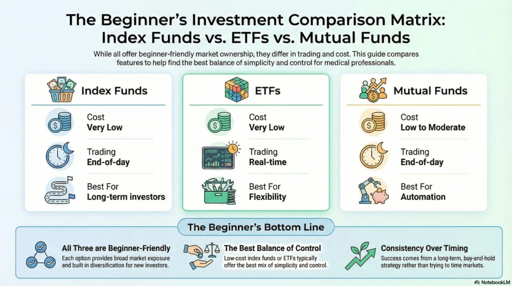 Investment comparison matrix for doctors: Index Funds vs. ETFs vs. Mutual Funds comparing costs, trading features, and beginner-friendly automation." This summarizes the critical distinctions in cost and trading frequency for new physician investors