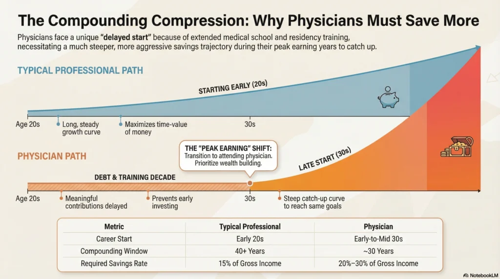 Physician compounding compression timeline showing delayed retirement savings start and the 20-30% saving rate required to catch up.