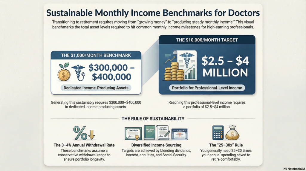Monthly income benchmarks for doctors: assets needed for $1,000 and $10,000 monthly passive income using a 3-4% sustainable withdrawal rate