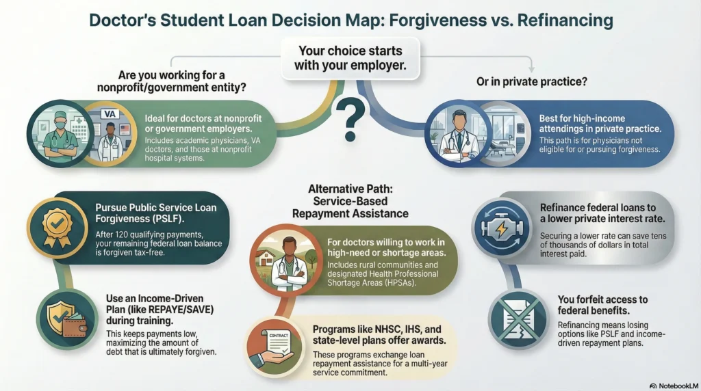 Doctor student loan repayment decision tree comparing PSLF and refinancing