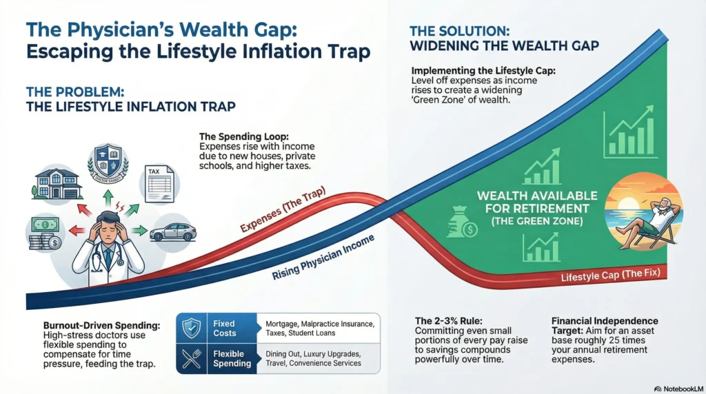 Wealth gap vs lifestyle inflation infographic for physicians showing how capping expenses creates a savings gap for retirement and financial freedom.
