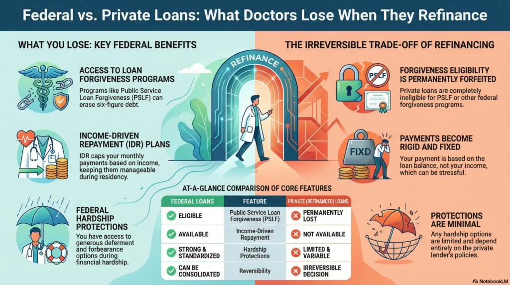 Federal vs private student loans comparison chart showing repayment benefits doctors lose when refinancing