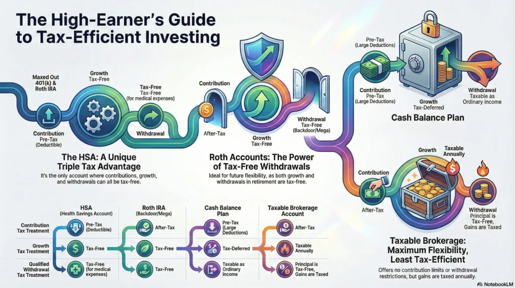 Tax efficiency comparison of brokerage accounts, Roth IRA, HSA, and cash balance plans