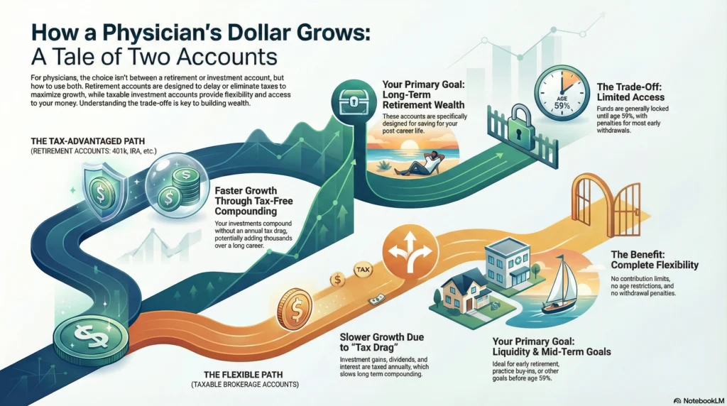 Tax impact comparison of retirement accounts and investment accounts for physicians