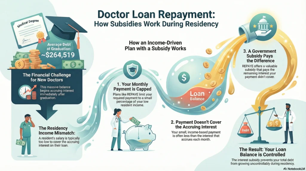 Medical student loan repayment breakdown showing interest subsidies during residency
