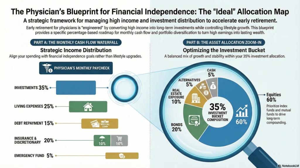 Physician financial map: 35% investment cash flow and asset allocation (60% equities, 20% bonds, 10% real estate) for early retirement
