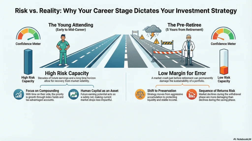 Infographic comparing investment risk for a young attending physician versus a doctor nearing retirement to illustrate career stage strategy.