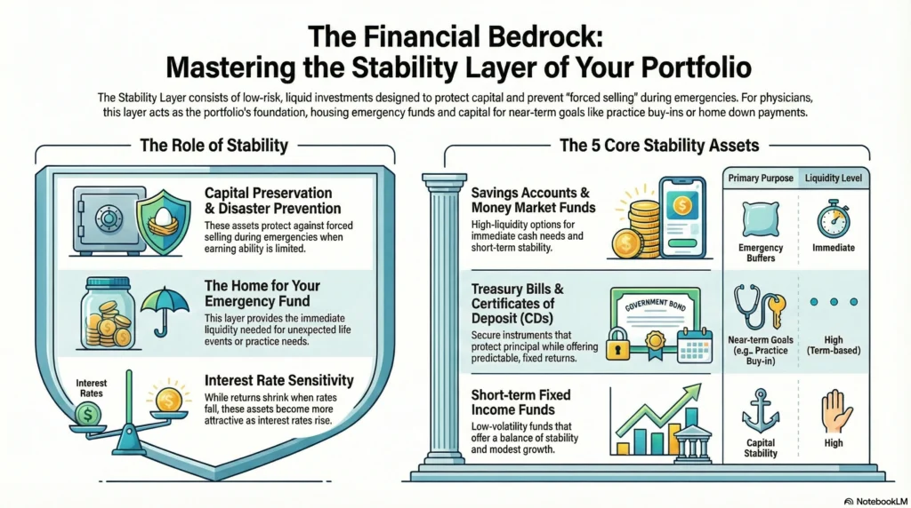 Guide to low-risk physician investments including savings, money market funds, and Treasury bills for capital protection and portfolio stability.
