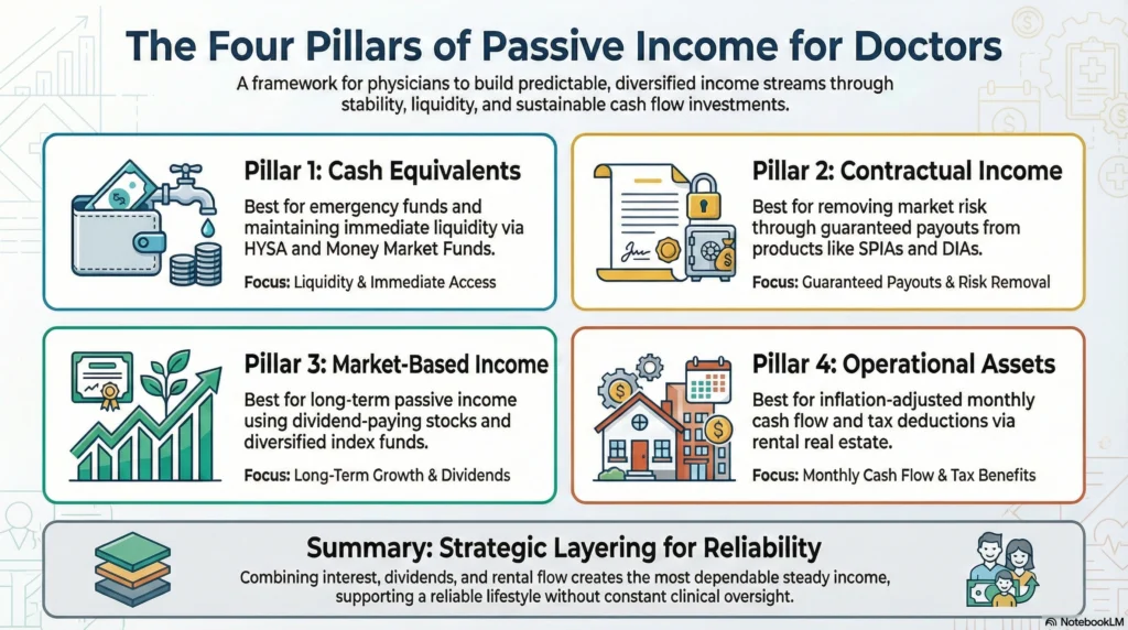 The four pillars of passive income for doctors: cash equivalents, market-based income, contractual income, and operational assets for steady wealth.