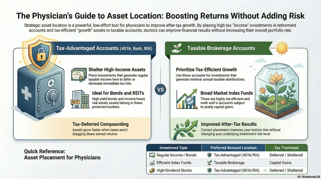 Tax-efficient asset location guide for physicians: Optimising 401(k), Roth IRA, and taxable accounts for maximum long-term wealth.