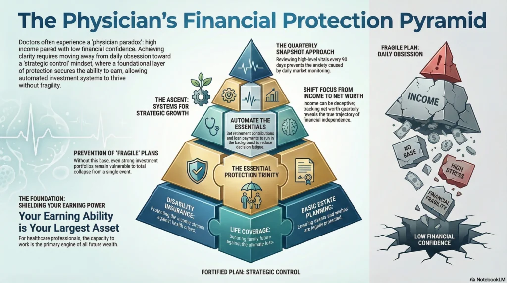 Physician Financial Protection Pyramid showing disability insurance, life coverage, and estate planning to protect a doctor's earning potential.
