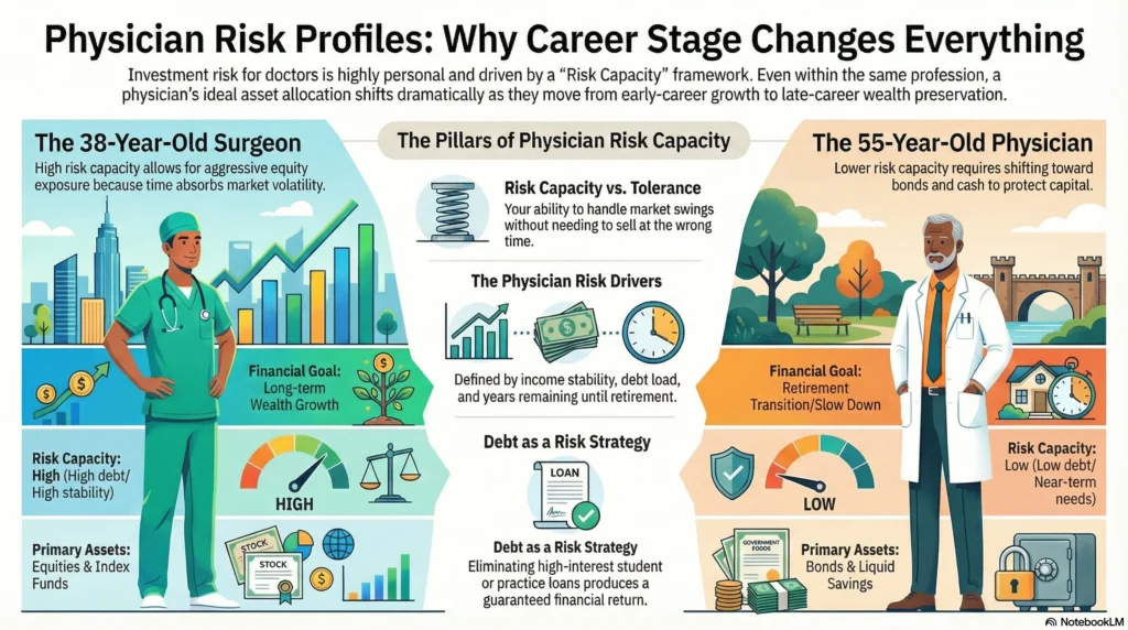 Infographic comparing investment risk capacity for physicians at different career stages, such as a 38-year-old surgeon versus a 55-year-old doctor.