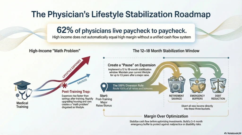 Physician lifestyle stabilization roadmap showing the 12-18 month window to stop lifestyle creep and divert income to savings and debt reduction.