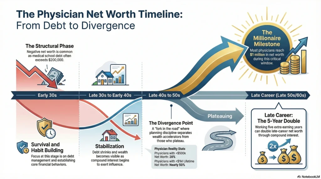 Physician net worth timeline from medical school debt to the $1M milestone and late-career wealth divergence.