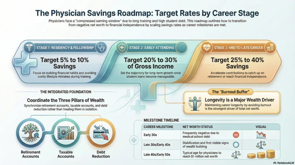 Physician savings guide: target 5-10% in residency, 20-30% as early attendings, and up to 40% in mid-career.