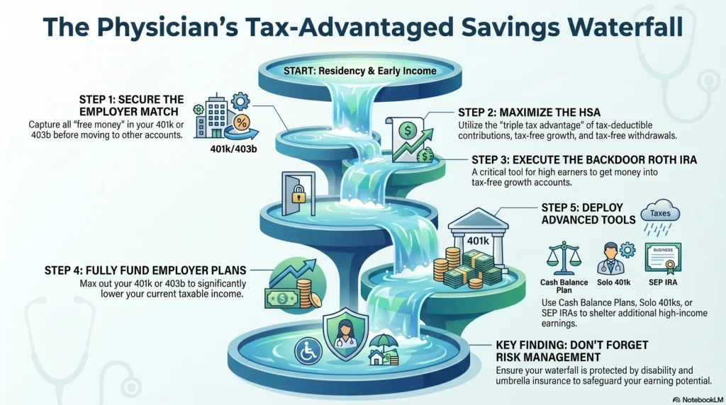 Waterfall chart showing the priority order for physicians to fund 401k, HSA, backdoor Roth IRA, and advanced tax-advantaged savings tools.