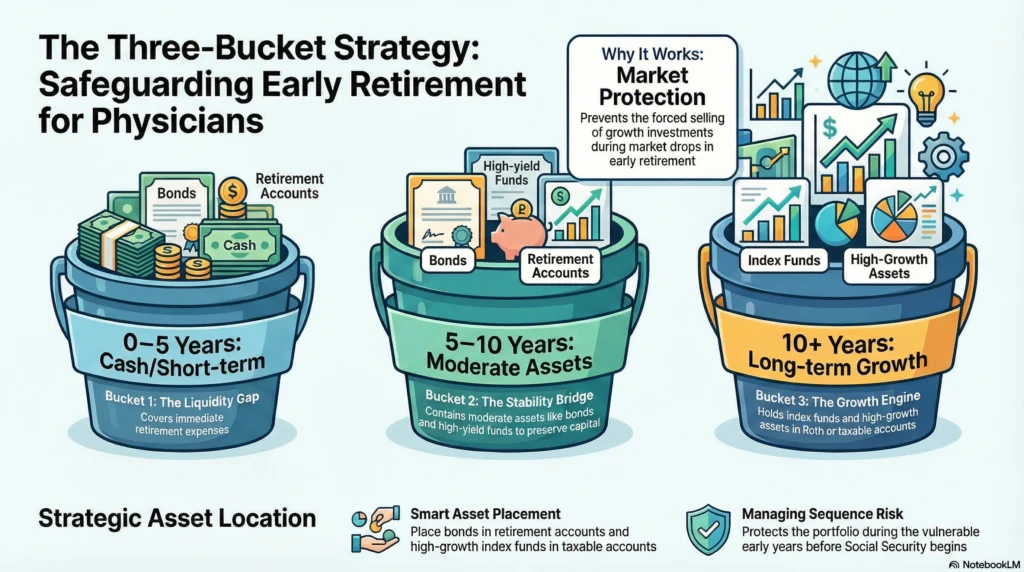 Three-bucket retirement strategy for physicians: organizing cash, moderate assets, and growth investments to protect against market volatility.