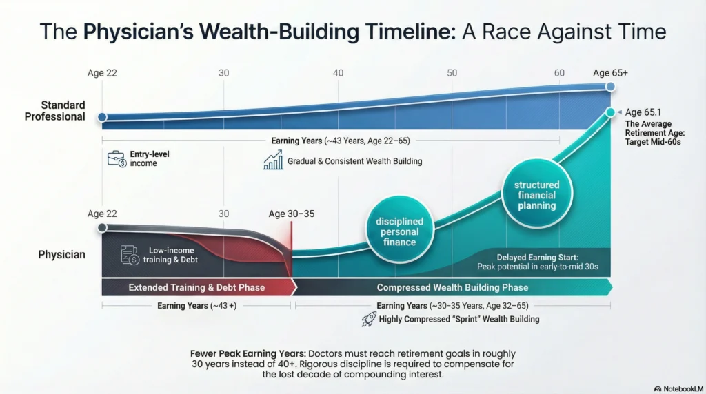 Timeline comparing physician vs standard financial lifecycles, highlighting delayed earnings and compressed wealth building for retirement planning