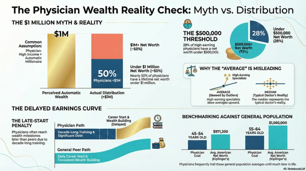 Physician wealth distribution: 28% under $500k and half under $1M, comparing median vs average net worth.