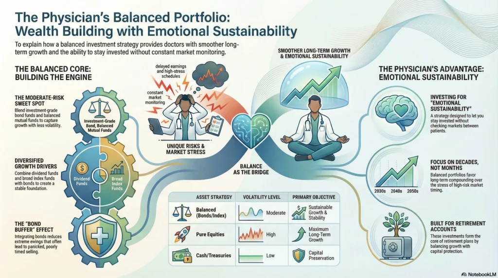 Infographic showing a balanced physician portfolio using bonds and index funds for emotional sustainability and long-term retirement growth.