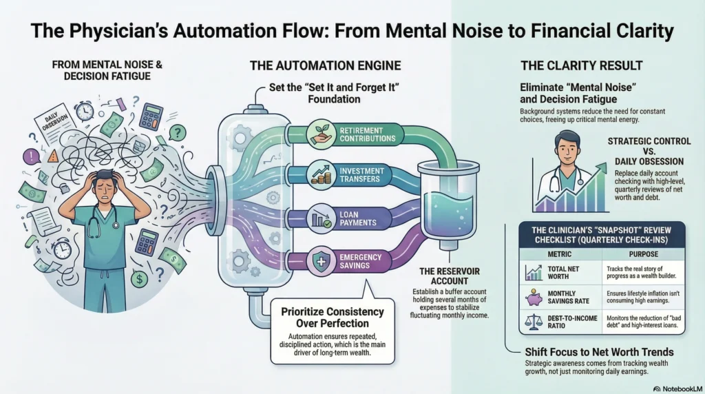 Flowchart showing a physician's financial automation system for retirement, investments, and loan payments to reduce decision fatigue.