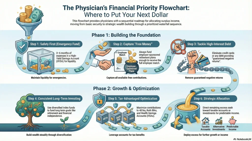 Financial priority flowchart for doctors: emergency fund, employer match, high-interest debt payoff, and consistent long-term investing for wealth building