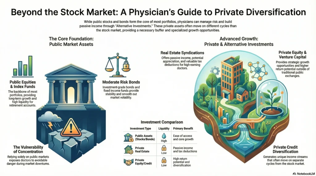 Physician guide to private diversification: Using real estate syndications, private equity, and venture capital to build passive income streams.
