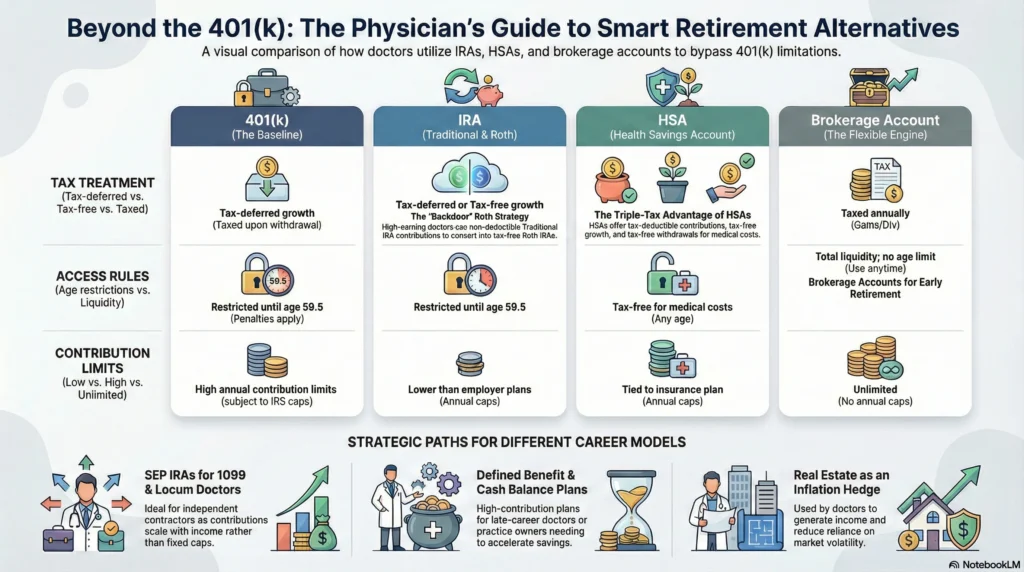 Comparison of 401k alternatives for doctors including IRA, HSA, and brokerage accounts