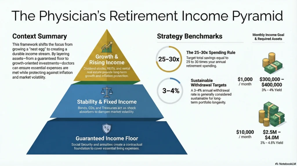 Retirement income pyramid for doctors: guaranteed income floor (Social Security/annuities), fixed income stability, and growth (dividend stocks/REITs)