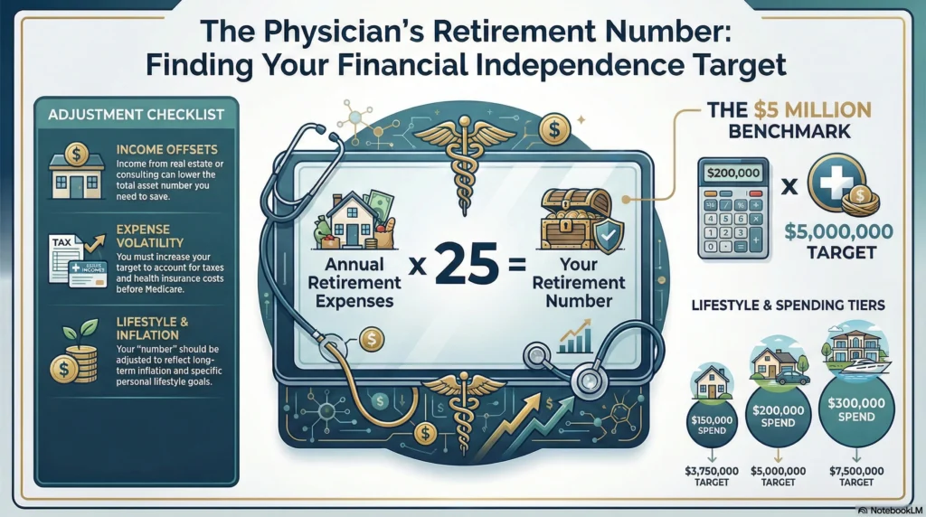 Physician retirement number formula infographic: Annual retirement expenses multiplied by 25 equals total financial independence target for doctors.