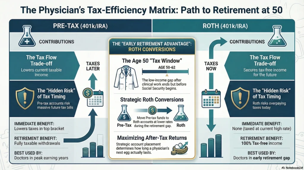 Tax-efficient retirement account matrix for doctors comparing Pre-tax 401k and Roth IRA benefits for early retirement planning.
