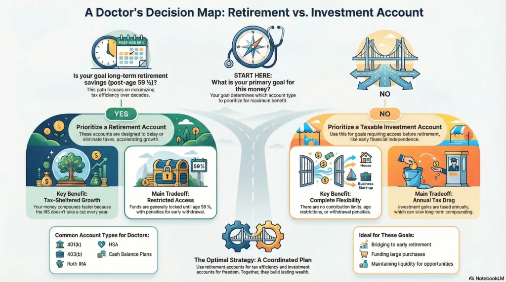 Retirement account vs investment account decision framework for doctors