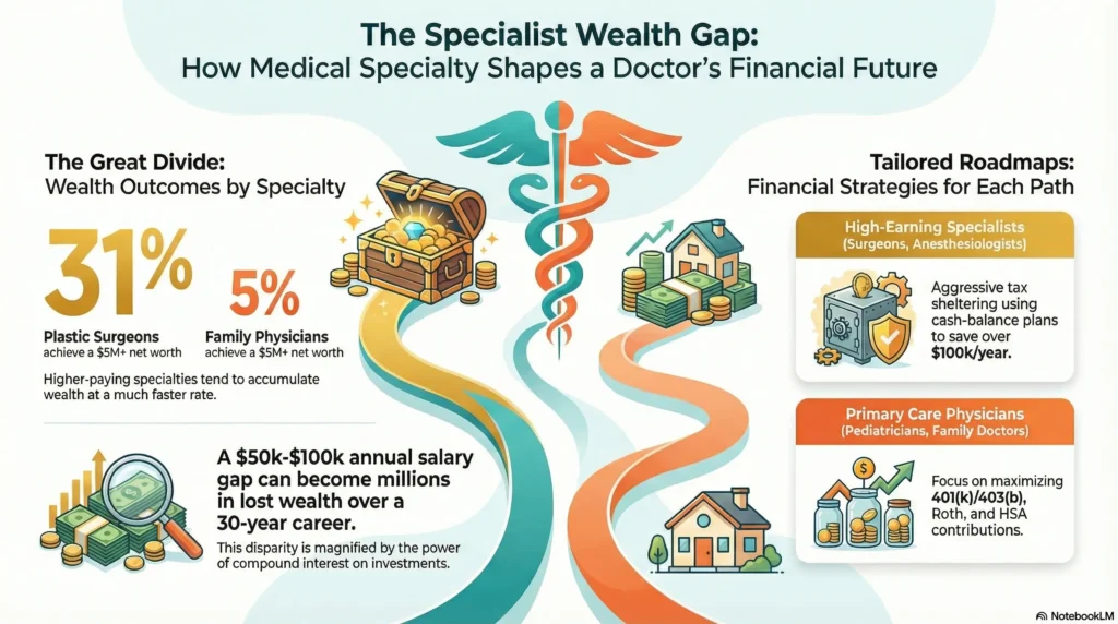 Infographic comparing wealth outcomes by medical specialty, showing differences in net worth accumulation between high-earning specialists and primary care physicians, the long-term impact of income gaps amplified by compound interest, and tailored financial strategies such as aggressive tax planning, retirement account optimization, and investment approaches based on specialty income levels.
