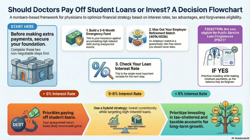 Doctor decision flowchart comparing paying off student loans versus investing based on interest rates and income