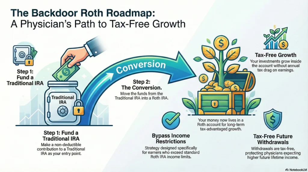 Backdoor Roth IRA roadmap for high-income physicians: a 2-step visual guide showing non-deductible contributions and conversion for tax-free investment growth.