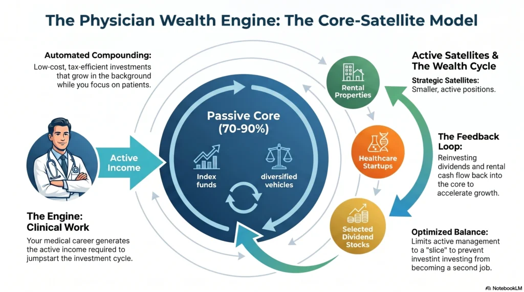 Visual guide to the Core-Satellite investment model for doctors, showing clinical income fueling a passive core with active satellite opportunities.