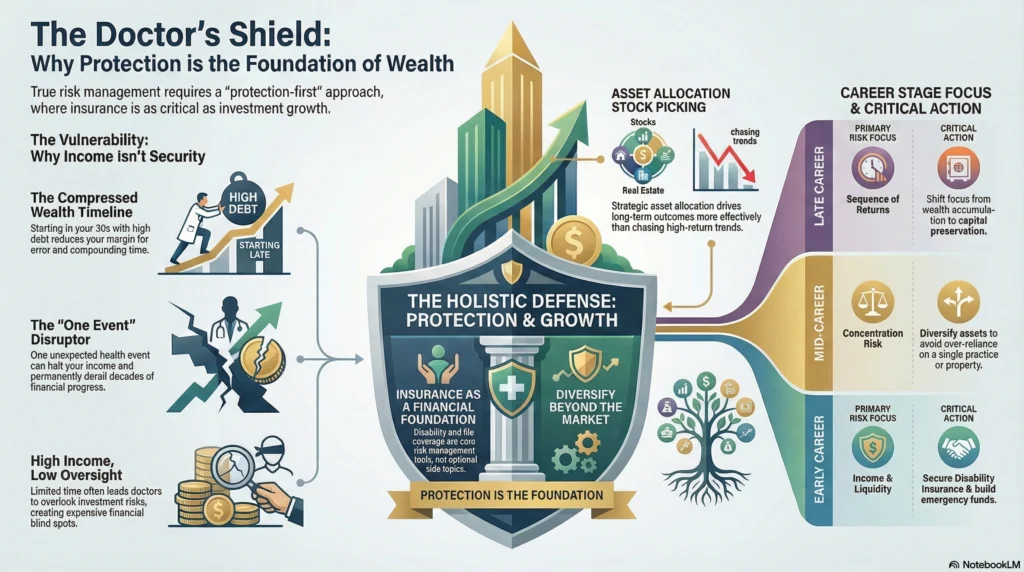 Infographic showing disability and life insurance as a financial shield to protect a doctor's income and long-term wealth from unexpected events.