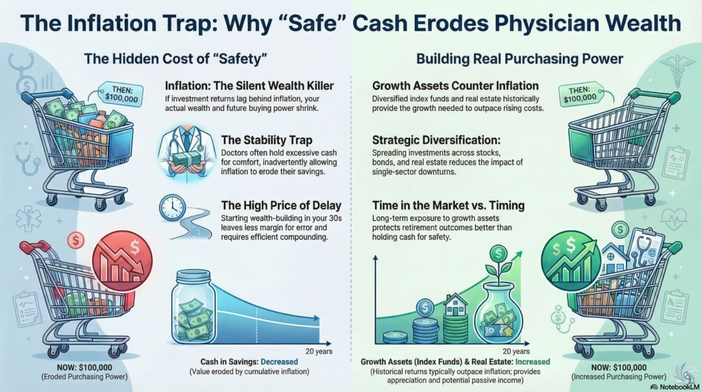 Infographic showing inflation's impact on physician purchasing power and why growth assets outperform cash over time.