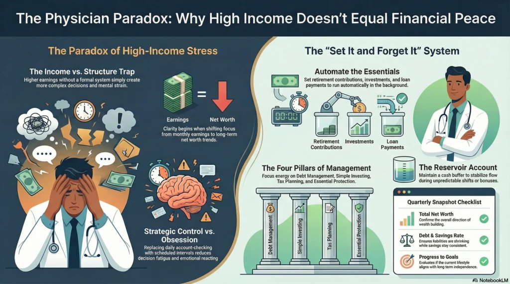 Infographic explaining the physician paradox: why high income does not equal financial confidence without a structured system for wealth building.