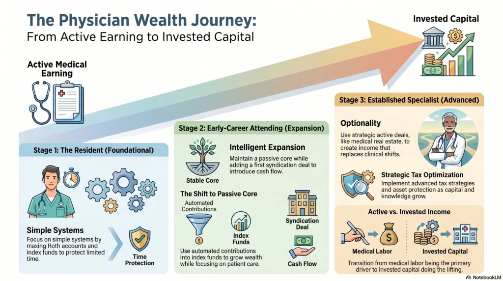 Timeline of the physician wealth journey from residency to established specialist, showing the shift from passive foundations to strategic active deals.