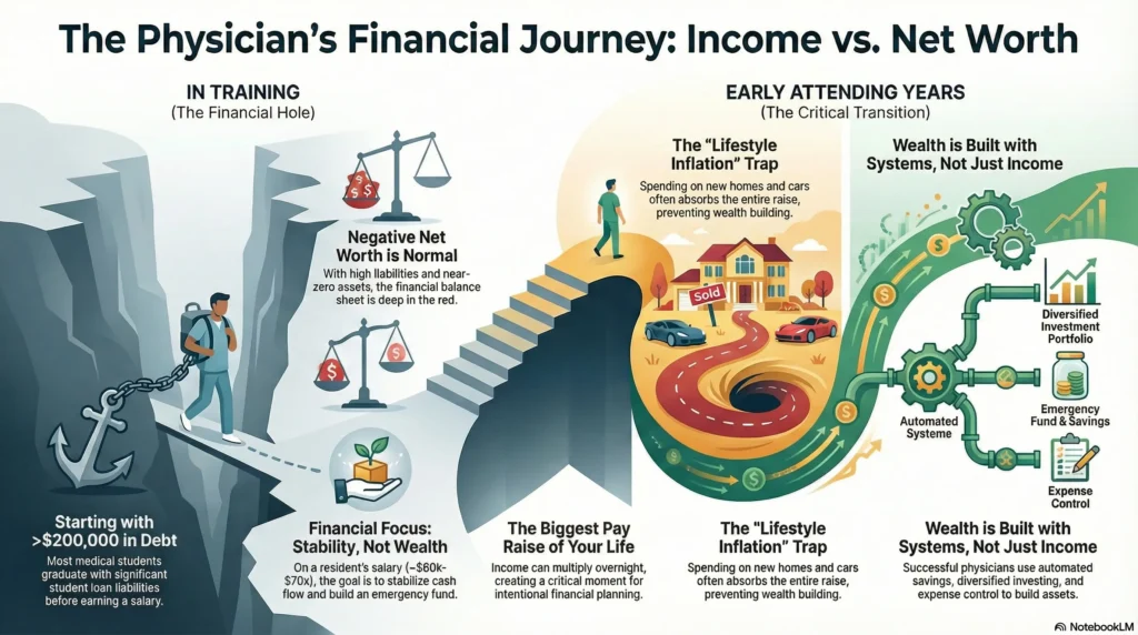 Comparison of physician income growth versus net worth growth after residency, highlighting the impact of lifestyle inflation and fixed expenses.