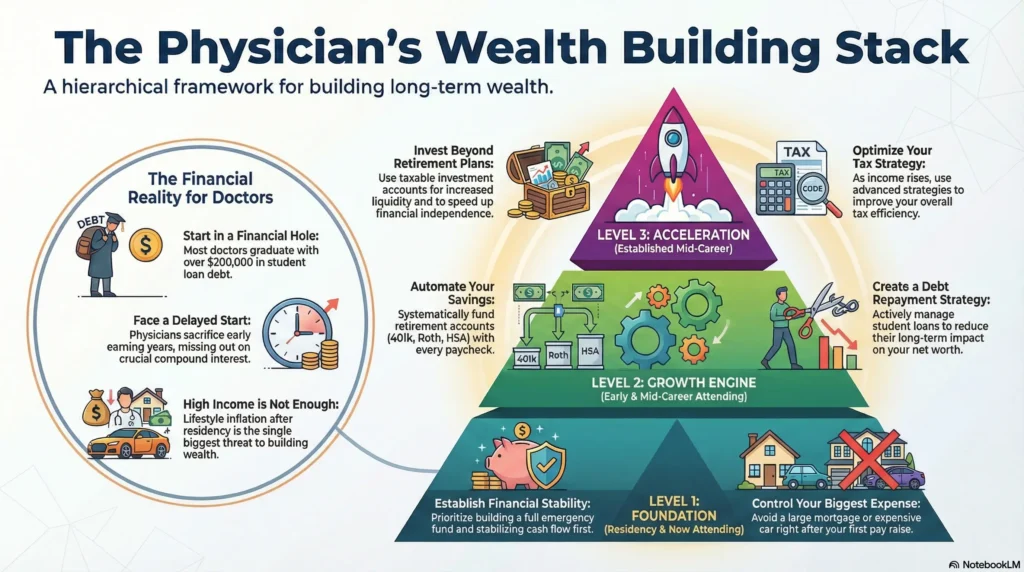 Wealth building plan for physicians showing emergency fund, retirement savings, taxable accounts, and long-term investment strategy by career stage.